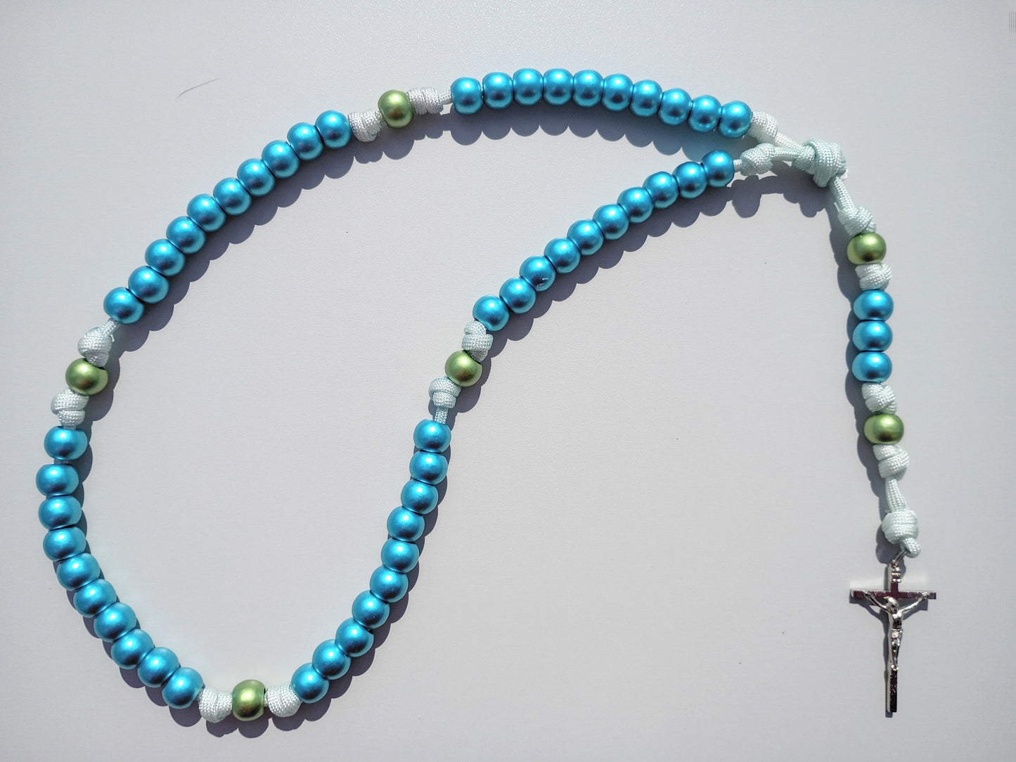 Unbreakable Blue and Green Paracord Rosary - Large Shiny Acrylic Beads