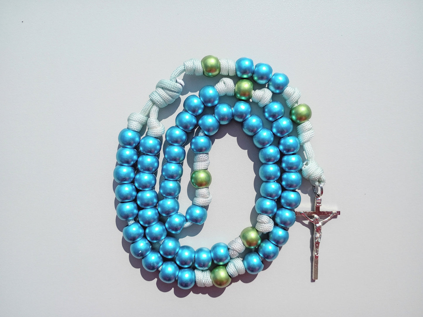 Unbreakable Blue and Green Paracord Rosary - Large Shiny Acrylic Beads