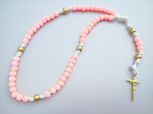 Pink and Gold Paracord Rosary - Large Acrylic Beads with Gold Crucifix