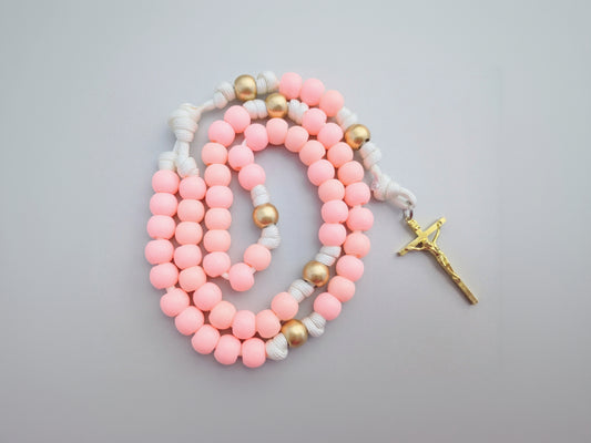 Pink and Gold Paracord Rosary - Large Acrylic Beads with Gold Crucifix
