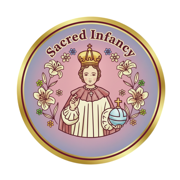 Circular emblem with a child in a crown and robe, surrounded by flowers and text 'Sacred Infancy'.